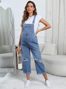 SHEIN Maternity Casual Distressed Denim Overalls With Pocket Design - Light Wash - View 4
