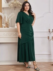 Modelyn Plus Size Elegant Solid Color Waist Cinched Dress With Belt Long Evening Dresses