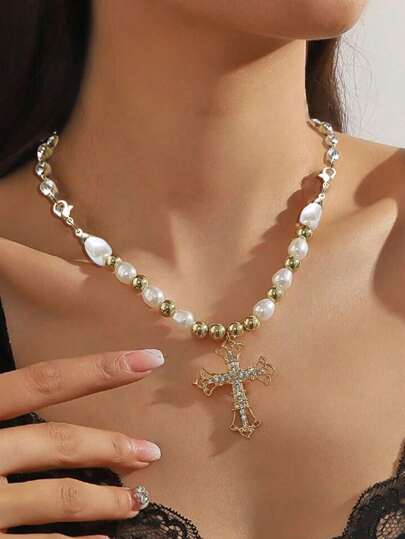 Goth Ins Vintage Cross Pendant With Faux Pearl And Rhinestone Inlaid, Punk Multi-Layer Necklace For Women, Fashion Jewelry Accessory Pendant Necklace