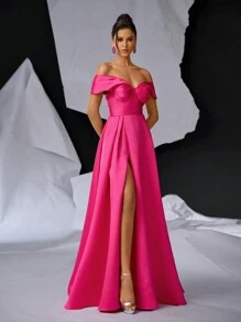 Glamrae Elegant Luxurious Satin Off Shoulder Bow Collar, Small V-Neck Waist Pintuck Thigh-High Slit Back Tie Formal Gown For Party, Wedding, Graduation - Hot Pink - View 6