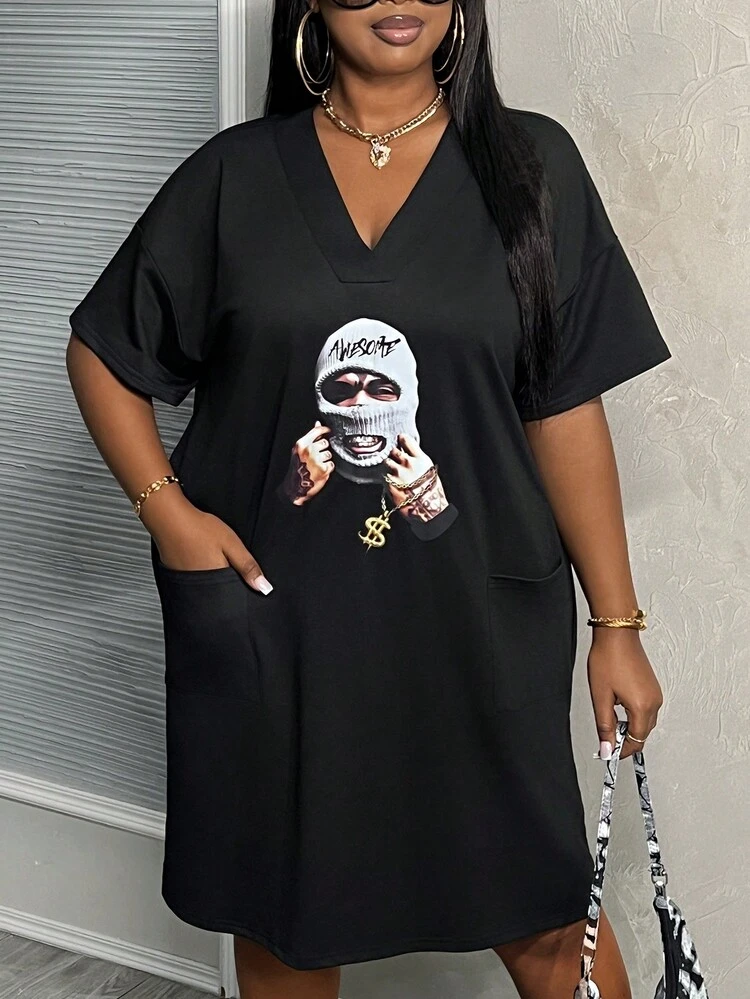 Plus Size Casual Loose Knitted Dress With Portrait Print, V-Neck, Summer Daily