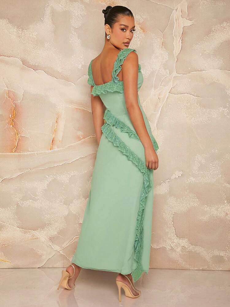 Asymmetric Lace Ruffle Draped Split Party Dress
