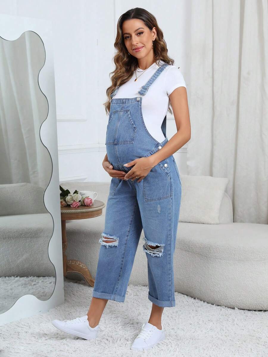 SHEIN Maternity Casual Distressed Denim Overalls With Pocket Design - Light Wash - View 1