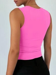 Ladies' Plain Double-Layer Pleated Square Collar Versatile Tank Top, Spring And Summer - Màu Hồng Tươi - Xem 2