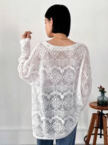 FRIFUL Women's Round Neck Solid Knitted Long Sleeve Top Sheer,Fall Women Clothes - White - View 5