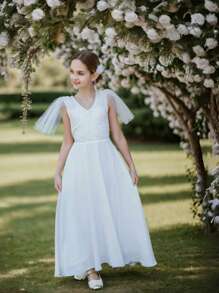 SHEIN Glamorique Kids 青少女優雅華麗的白色長派對禮服，適用於母親節、婚禮季、生日派對和其他場合，如晚會或演出 - 白色 - 查看 1