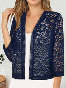 山茶花蕾絲拼接肋紋開衫，配有3/4袖 - 藏蓝色 - 查看 1