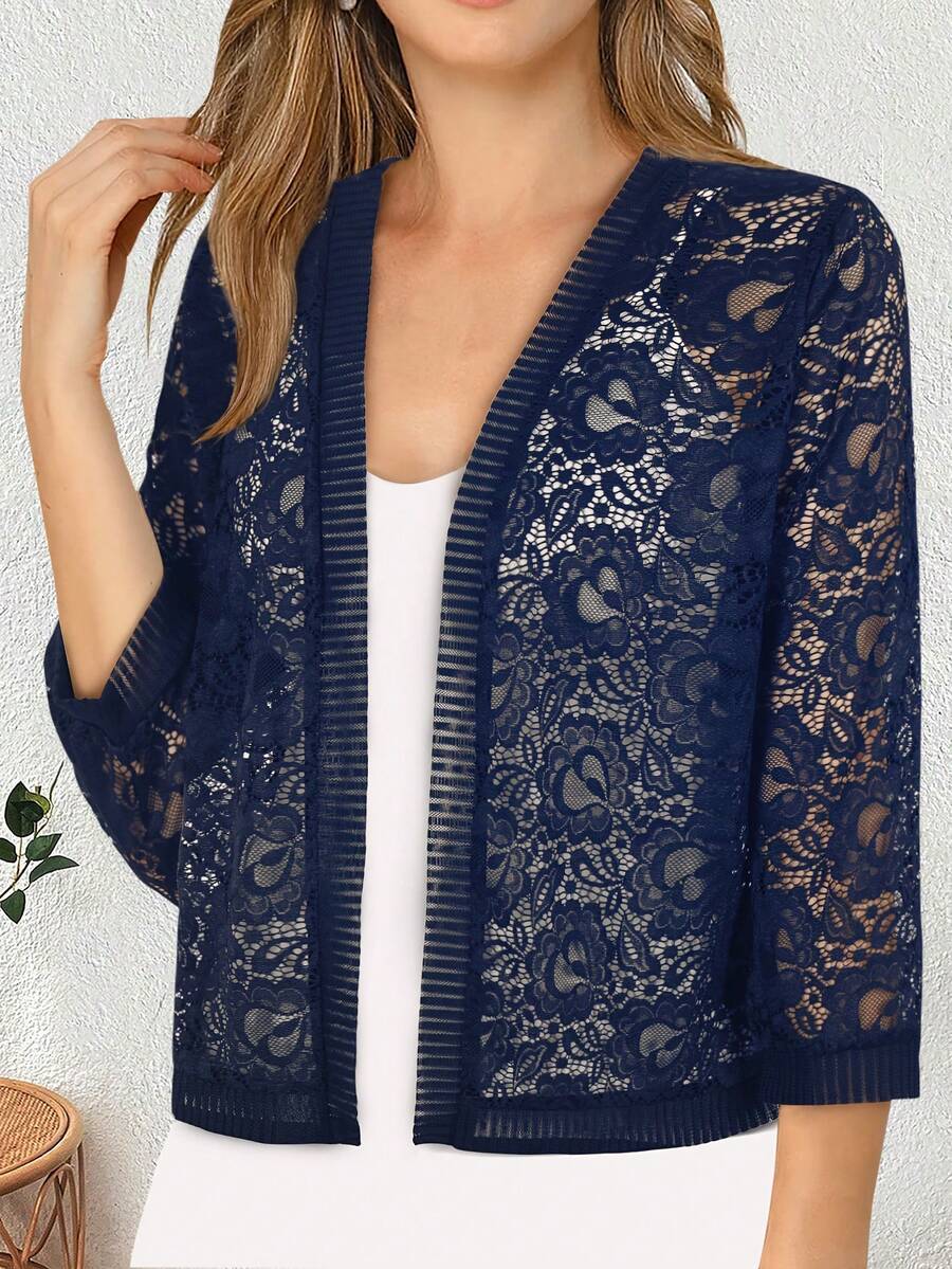 山茶花蕾絲拼接肋紋開衫，配有3/4袖 - 藏蓝色 - 查看 1