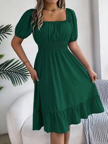 Spring/Summer Casual Vacation Puff Sleeve Drawstring Short Sleeve Floral Dress - màu xanh lá - Xem 3