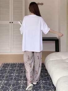 DAZY Loose Fit Short Sleeve White Top And Pants Pajama Set With Deer Print