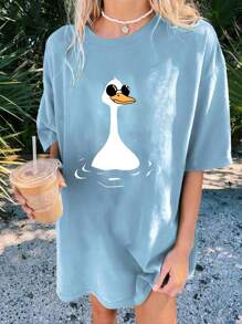 INAWLY Summer Loose Fit Duck Cartoon Printed Round Neck T-Shirt Graphic Tees Women Tops - Blue - View 3