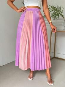 VaVaBold Falda larga y elegante con cintura elástica, pliegues y bloques de color para mujeres
