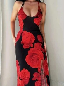 Celure Plus Size Summer Floral Print Sleeveless Split Thigh Halterneck Dress - Red - View 4