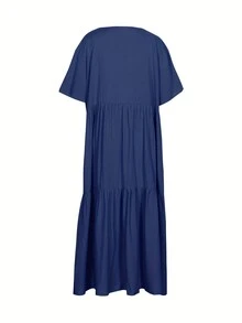 Váy suông màu trơn cổ chữ V rộng rãi thoải mái cho nữ mùa hè cỡ lớn - Màu xanh hải quân - Xem 1