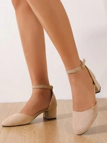 Fall/Winter 2025 Women's Simple Style Spring Summer New Faux Suede Cut-Out Thick Heels Pumps, Elegant - Apricot - View 5