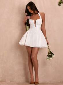 SHEIN BAE 夏季假日約會甜心露背荷葉邊蝴蝶結蓬蓬白色純色女裝連衣裙 - 白色 - 查看 2