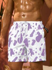 Manfinity Swimmode Men's Cow Printed Drawstring Waist Loose Fit Beach Shorts For Holiday