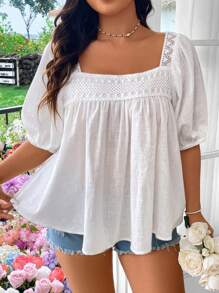 Sunnyshic Plus Size Cổ vuông trơn Đơn giản Áo sơ mi mặc hàng ngày - trắng - Xem 2