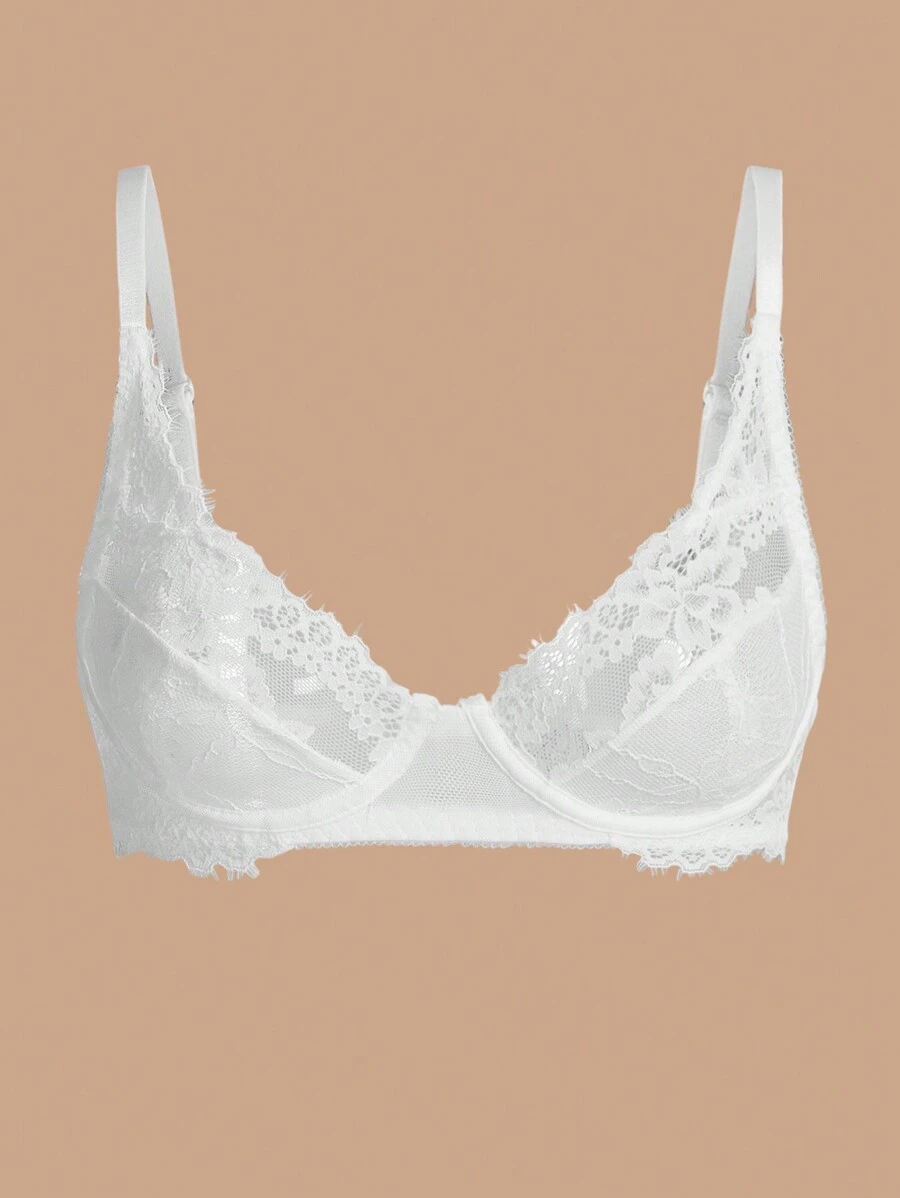 SHEIN Contrast Lace Underwire Bra Lingerie - White - View 1
