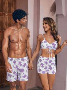 Manfinity Swimmode Men's Cow Printed Drawstring Waist Loose Fit Beach Shorts For Holiday