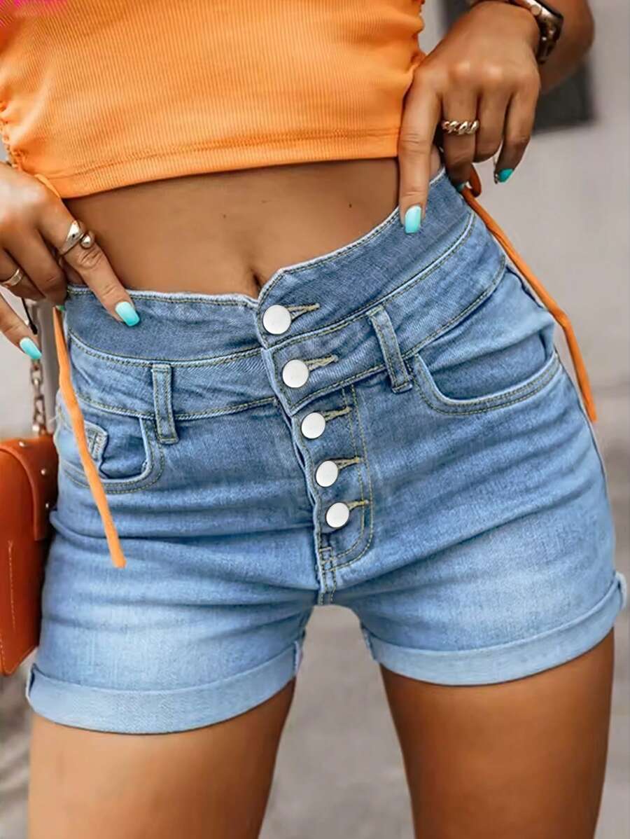 Women High Waist Elegant Button Front Denim Shorts - Blue - View 1