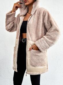 RueChic Women's Zipper Front Teddy Winter Coat With Hood - Beige - View 4