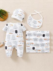 SHEIN 寶寶男童可愛樹懶印花短袖連帽圍兜連身衣套裝，附贈禮盒包裝 - 彩色 - 查看 2