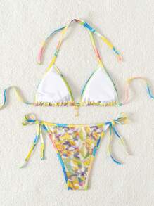 SHEIN Swim 女士扎染露背性感度假比基尼套装，比基尼套装分体夏季海滩装 - 彩色 - 查看 2