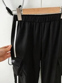 SHEIN Cậu bé Tween Lỏng lẻo Thể thao Dệt hoa Chữ cái Camo Quần Cargo - màu đen - Xem 9