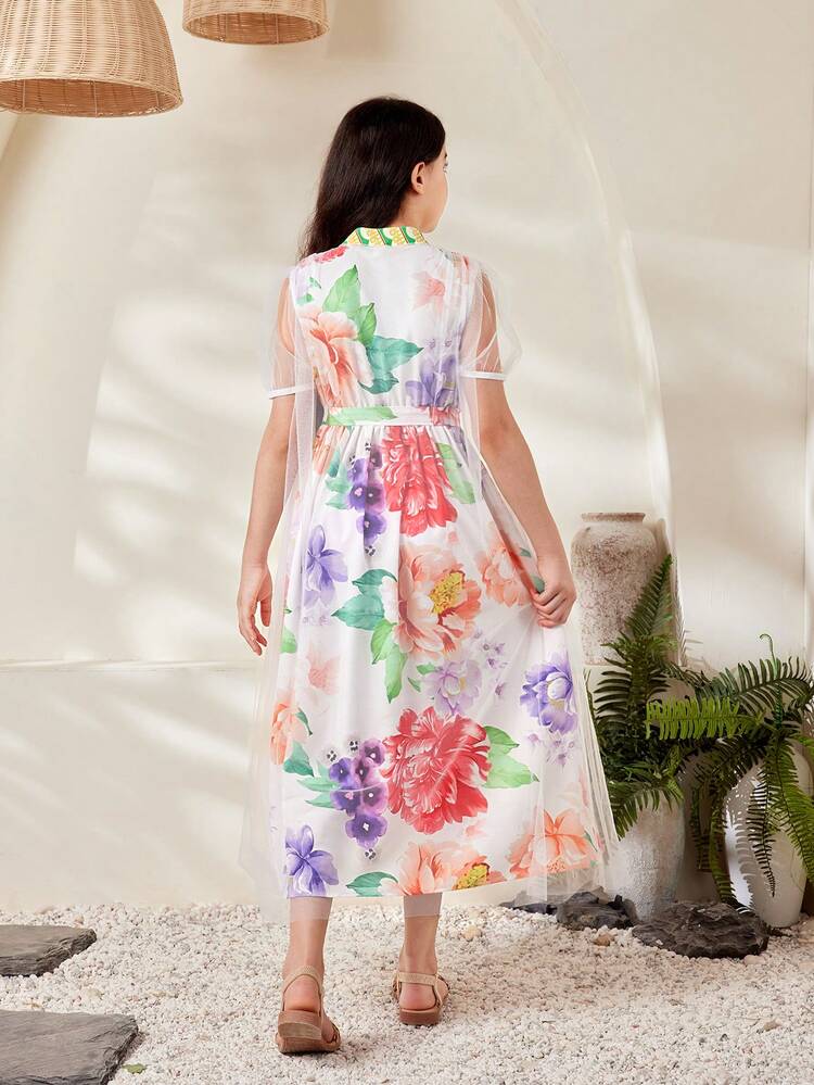 Tween Girl Summer Elegant Flower Printed Contrast Mesh Dress