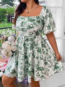 Flirla 大码花卉印花褶皱 A 字型节日连衣裙 度假海滩装 女式 - 彩色 - 查看 4