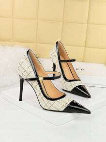 Women High Heel Shoes Pointed Toe Two-Tone Strap Pumps - White - View 4