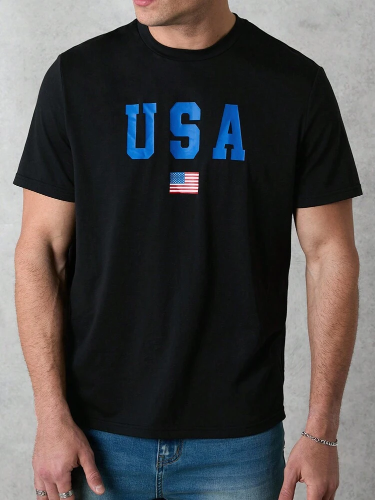 Men's Crew Neck T-Shirt With USA American Flag Printed In Black