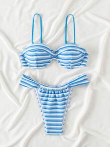 SHEIN Swim 条纹印花夏季分体肩带细肩带比基尼上衣和三角泳裤套装，适合海滩/泳池，夏季海滩 - 彩色 - 查看 3