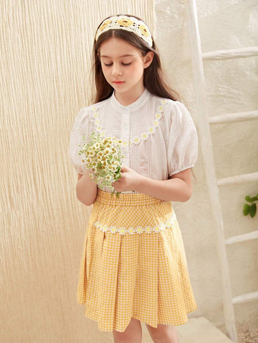 SHEIN Conjunto de camisa de manga corta elegante y sofisticado y falda a cuadros para niña preadolescente, perfecto para vacaciones de verano y estilo campestre