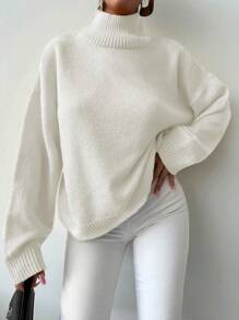 EURMUSE Women's Solid Colored Stand Collar Drop Shoulder Sweater - White - View 4