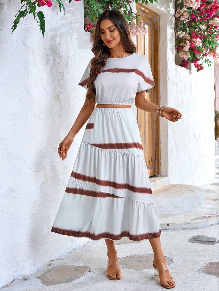 Spring/Summer Women's Tie Dye Round Neck T-Shirt And Ruffle Hem Skirt Casual 2 Pieces Outfit
