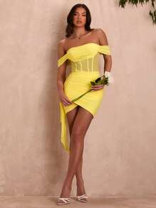 SHEIN BAE Summer Yellow Off Shoulder Sexy Elegant Mini Dress With Draping And Sheer Design For Women