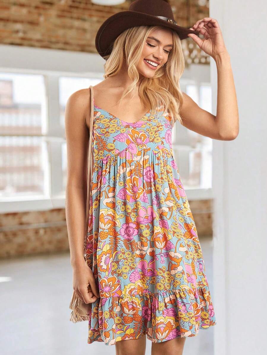 SHEIN LUNE Women's Summer Printed Floral Pattern Spaghetti Strap Holiday Dress - Blue - View 1