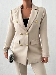 EURMUSE Spring & Autumn Casual Solid Colored Suit Set With Turn-Down Collar, Double-Breasted Jacket And Tapered Pants - Beige - View 4