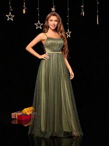 Sparkling Silver Glitter Mesh A-Line Dress With Ruched Bust And Spaghetti Straps, Elegant Formal Evening Prom Wedding Guest Gown, For Graduation, Dinner - Army Green - View 6