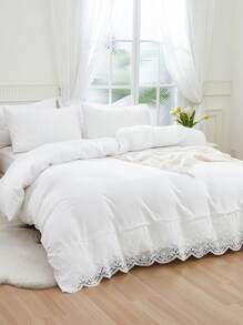 三件套白色蕾丝床上用品，复古乡村风格，精致蕾丝花边装饰，柔软保暖的超细纤维被套，男女通用，包含1个拉链被套和2个枕套，不含被芯，适合多种床型，适合春夏使用。 - 白色 - 查看 5