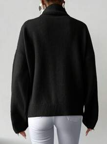 EURMUSE Women's Solid Color Stand Collar Drop Shoulder Sweater - Black - View 3