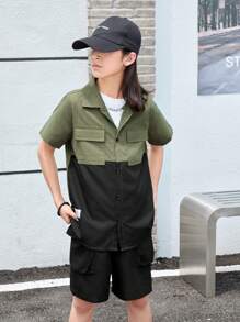 SHEIN Tween Boy Casual Raglan Sleeve Polo Shirt & Solid Color Pocket Shorts Outfit - Multicolor - View 4