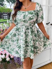 Flirla 大码花卉印花褶皱 A 字型节日连衣裙 度假海滩装 女式 - 彩色 - 查看 6