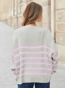 EURMUSE Women's Round Neck Drop Shoulder Color Block Striped Sweater - Pink - View 2