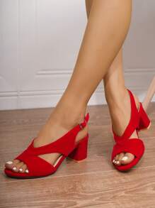 Women's Vintage Red Suede Block Heel Roman Sandals With Ankle Strap And Buckle - Red - View 6