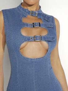 Denimoi Buckle Cut Out Mock Neck Denim Dress