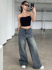 DAZY Vintage Distressed Washed Cat Whisker Light Blue Wide Leg Jeans,Baggy Jeans - Light Wash - View 6