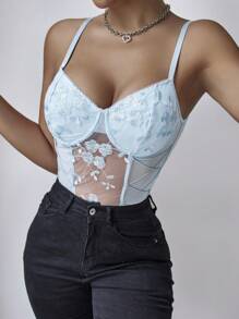 Allurite Women's Fashionable Sweet Embroidered Floral Lace Patchwork Corset Strap Bodysuit - Blue - View 3